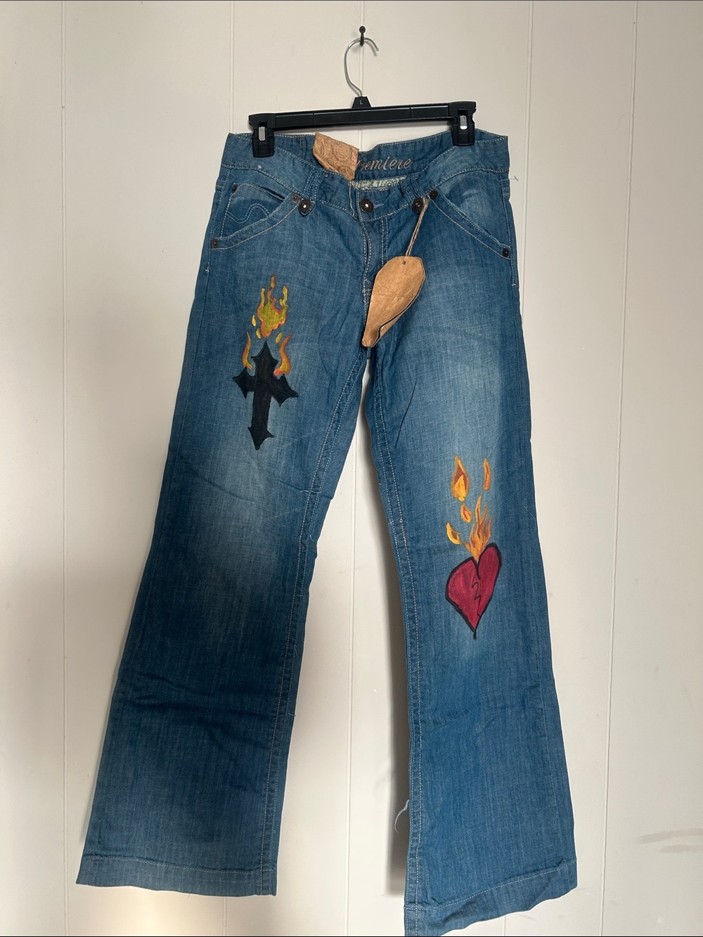 Premier Designs Blue Flare Jeans with Flaming Heart & Cross Embroidery